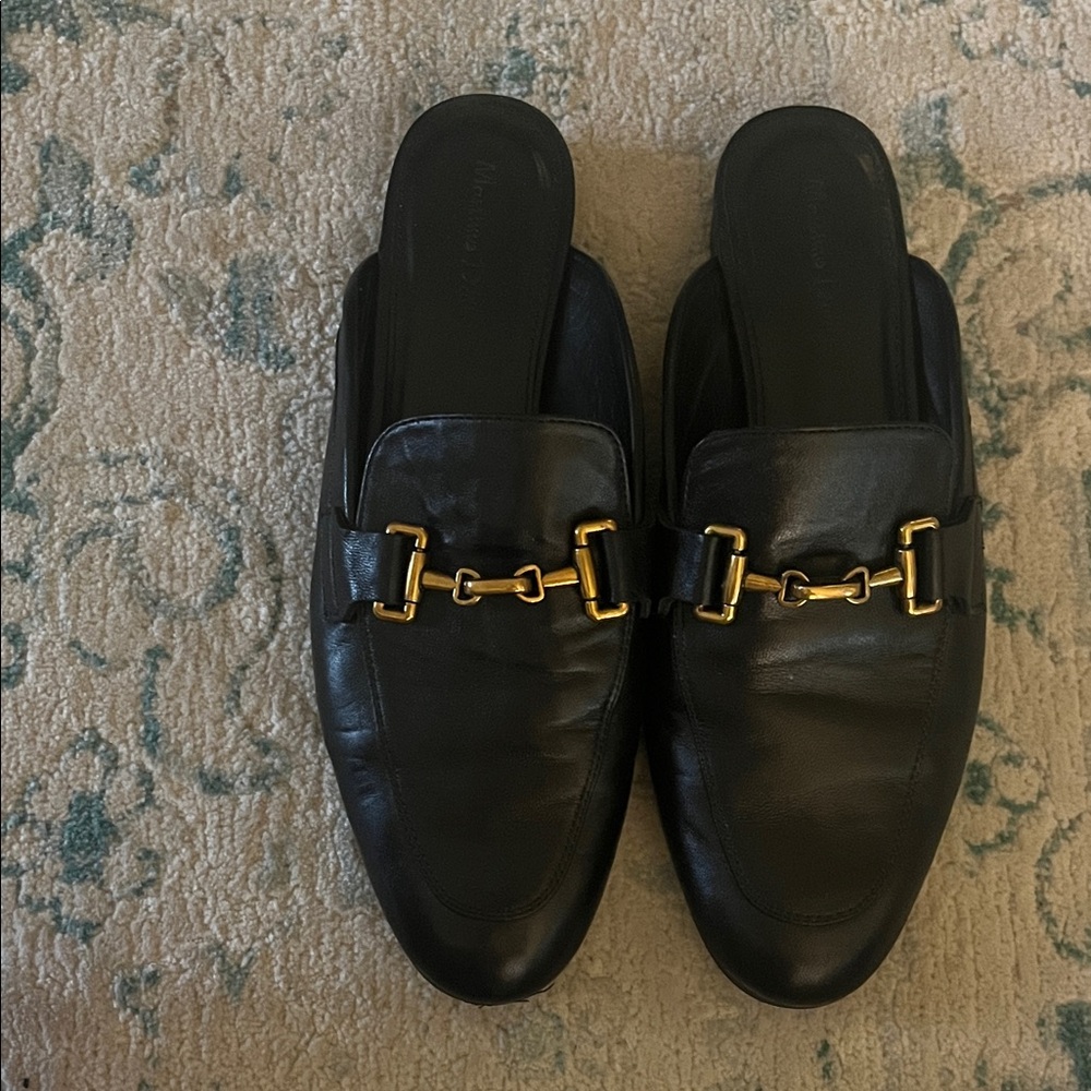 Massimo Dutti Black Leather Mules with Gold Accents